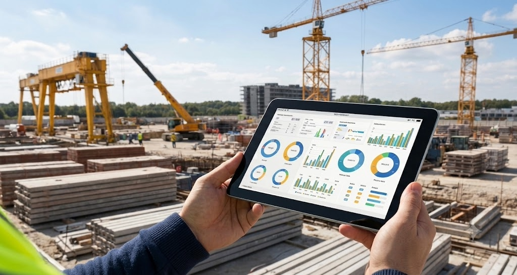 Tablet met digitaal dashboard op een bouwplaats voor meer overzicht in bouwprocessen