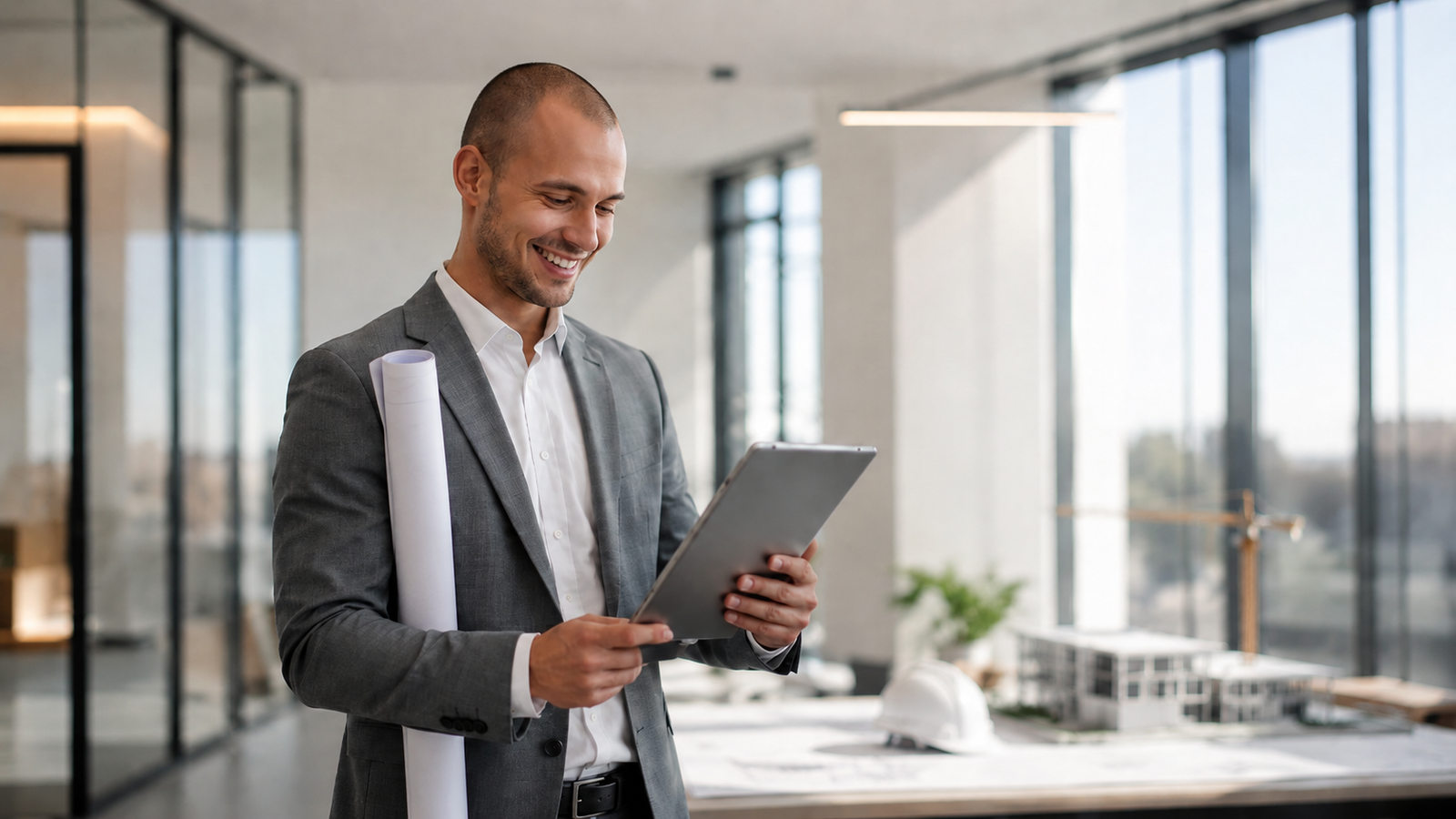 Projectmanager of werkvoorbereider met tablet en opgerolde tekening in een moderne bouw- en techniekomgeving